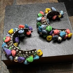 Vintage 1960s Multi-Colored Plastic Beaded half  Hoop Earrings.